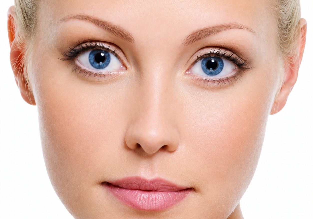 Close-up of woman's face with blue eyes.